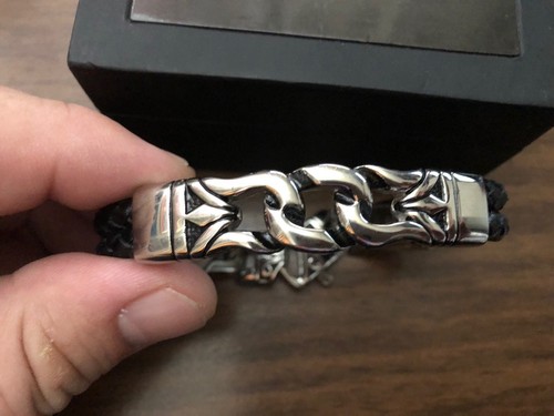 LYNX Stainless Steel & Black Leather Bracelet - Men MSRP $60