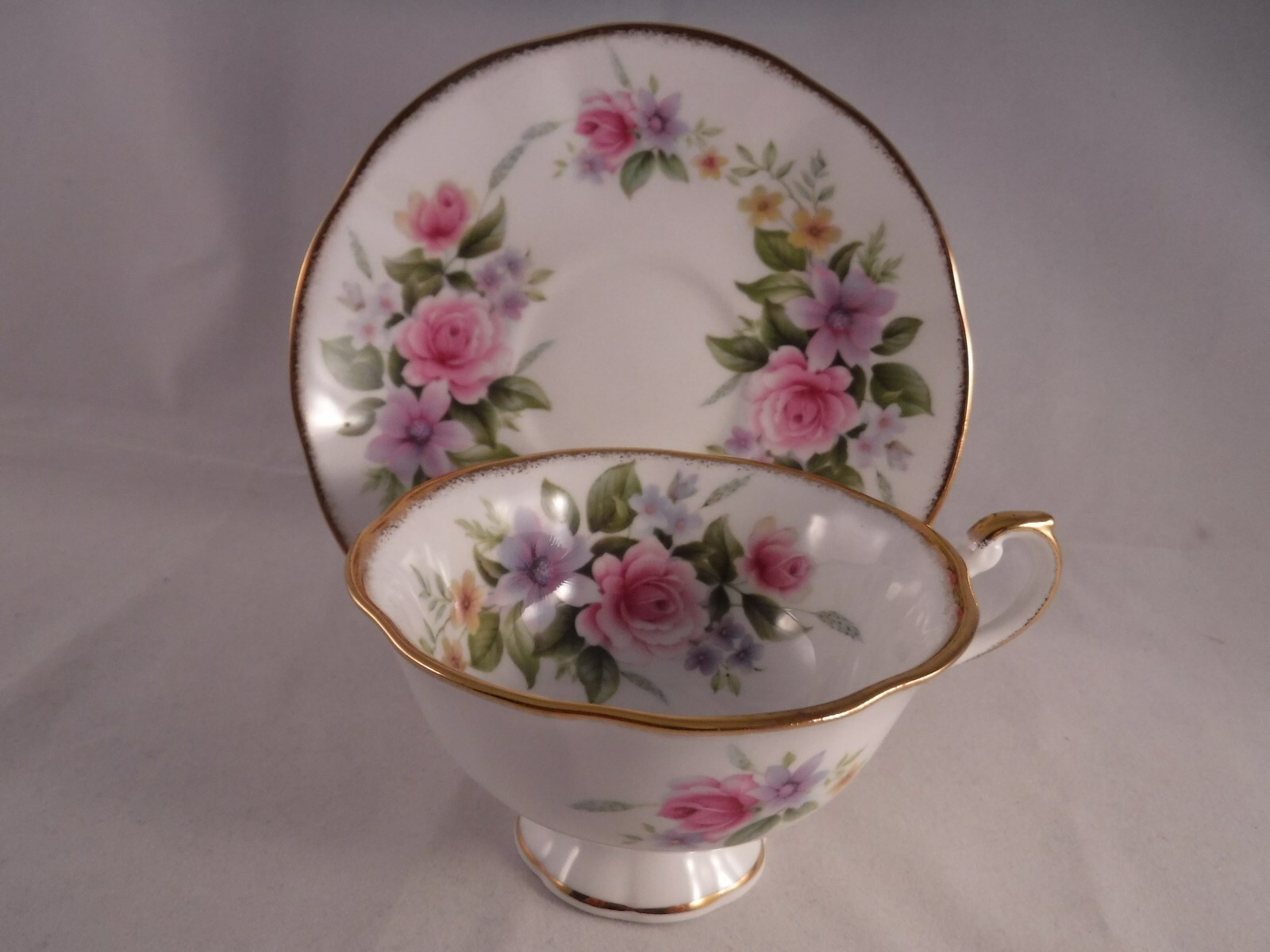 QUEEN'S BONE CHINA CUP SAUCER ROSINA PASTEL FLORAL DESIGN  ENGLAND GOLD TRIM