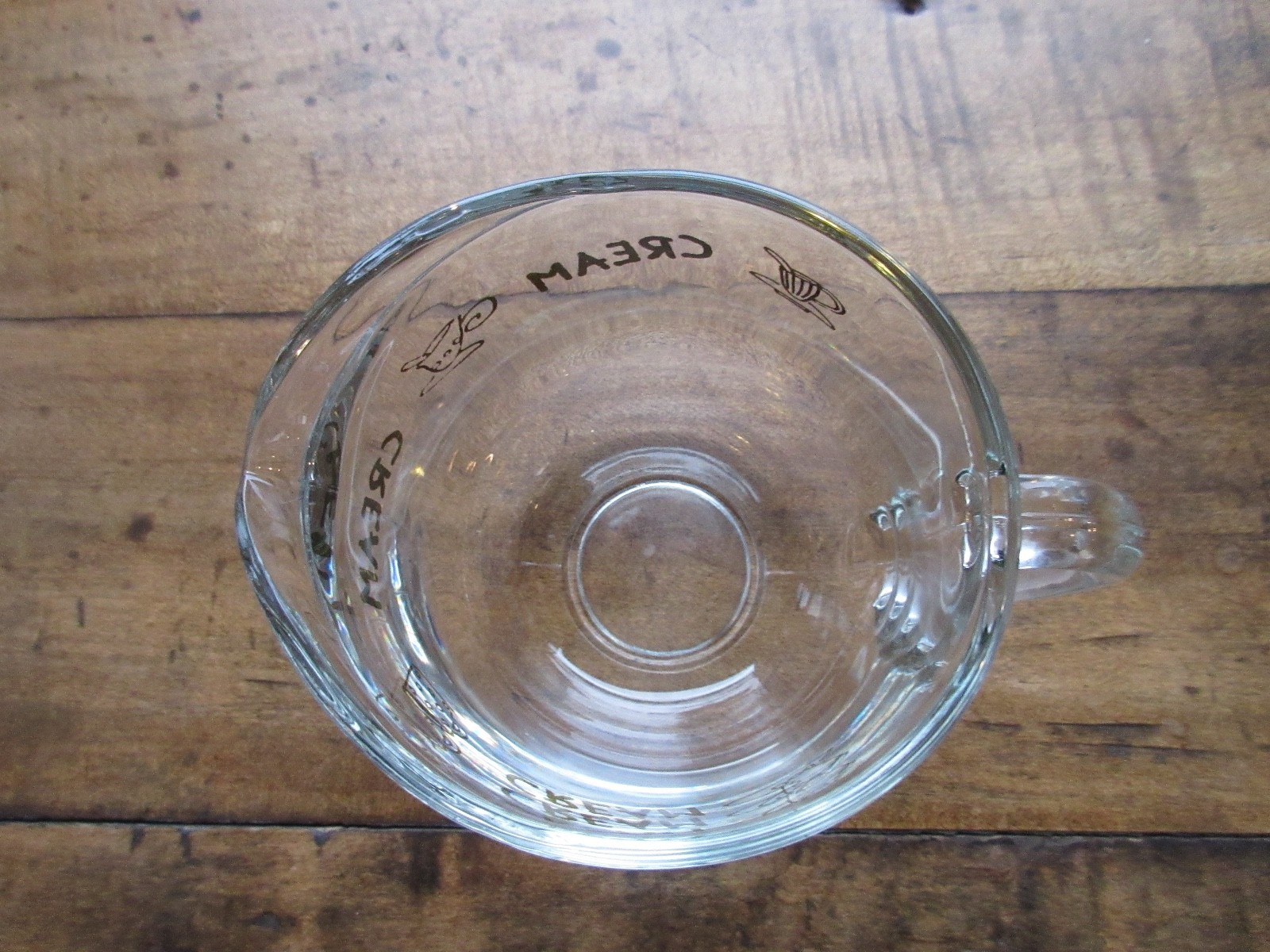 Vintage Clear Glass Cream Pitcher with Gold Graphic & 