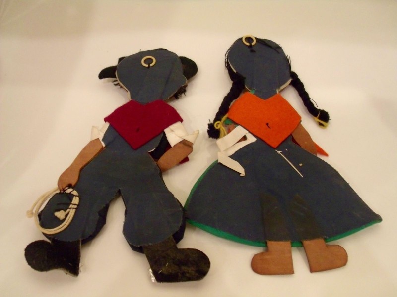 Vintage Boy Girl Leather Cloth Felt Cowboy Doll Wall Hanging Folk Art