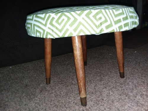 vtg MID CENTURY MODERN VINYL AND WOOD FOOT STOOL OTTTOMAN eames era recovered