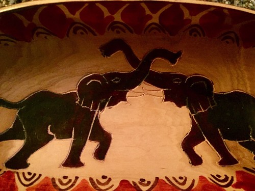 Primitive Vintage Hand Carved Painted Wood Bowl Kenya Africa Elephant