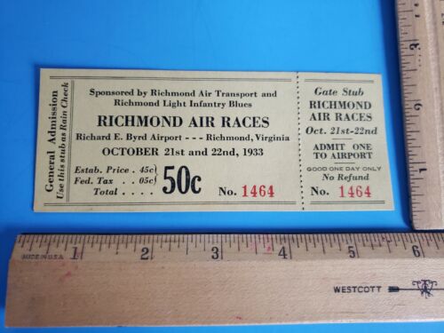 1933 Richmond V.A. Air Races Admission Unused Ticket Gate Stub