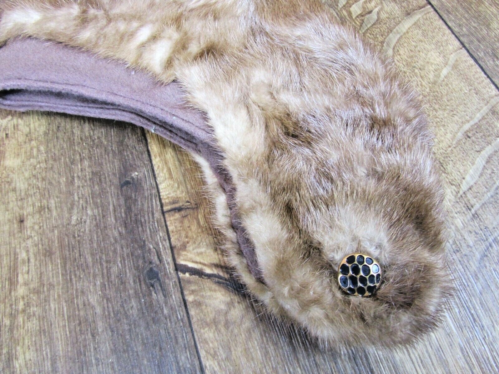 Vintage Homemade fur stole neck collar button closure brown fabric backing EUC