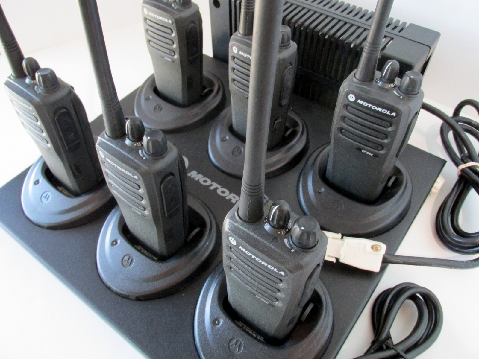 6 Motorola CP200D VHF 16 Ch radios with a gang multi charger - AAH01JDC9JC2AN