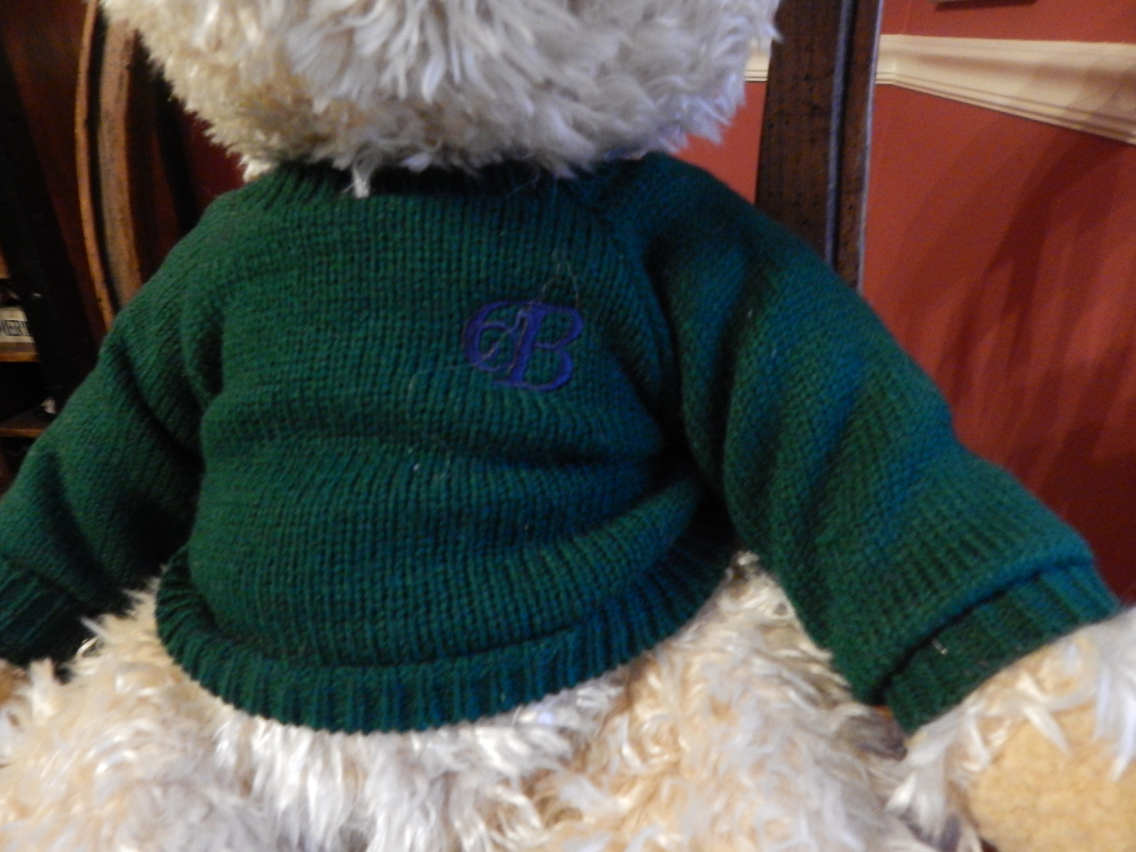 1997 Belkie Bear Tan Shaggy Fur Dark Green Knitted Sweater Jointed Arms Legs 20