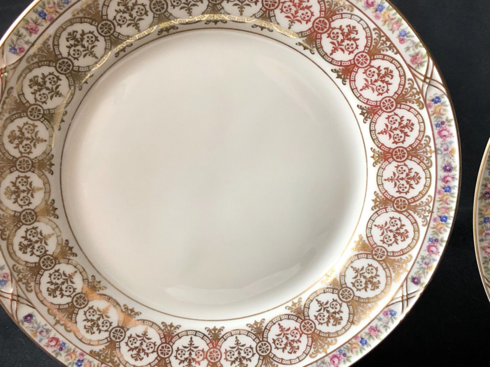 Lot of 2 KPM Royal Ivory Sussex 10&1/4” Dinner Plates Floral Gold Circles & Rim