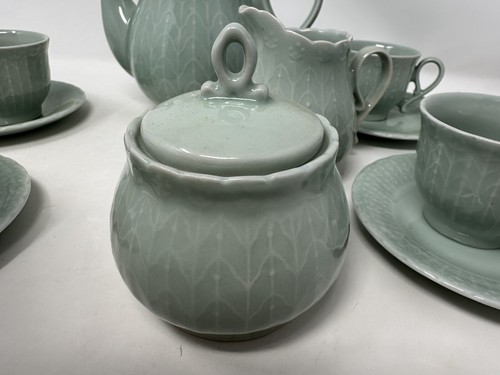 Vintage Chinese Celadon Tea Set Cups Pitcher Creamer Sugar Jade Green Color