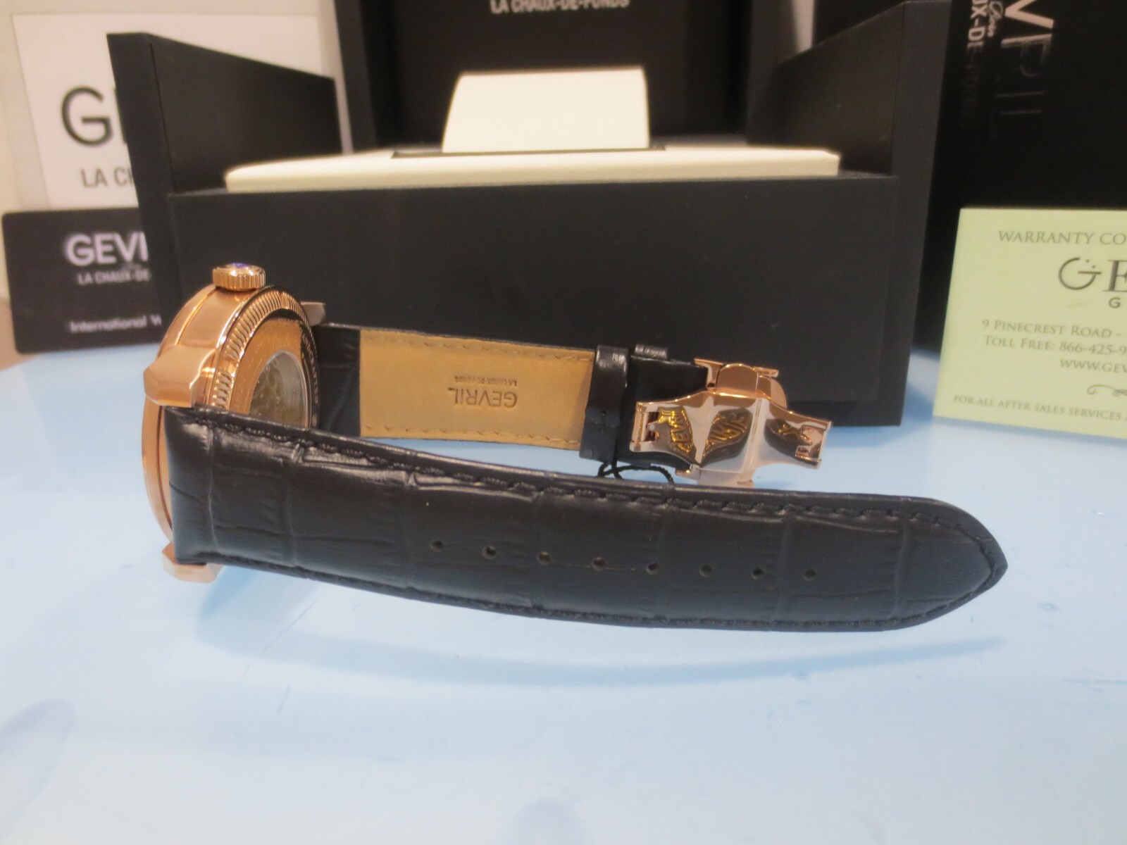 Pre-owned Gevril Men's 2694 Vanderbilt Swiss Automatic Rose Gold Open Heart Leather Watch