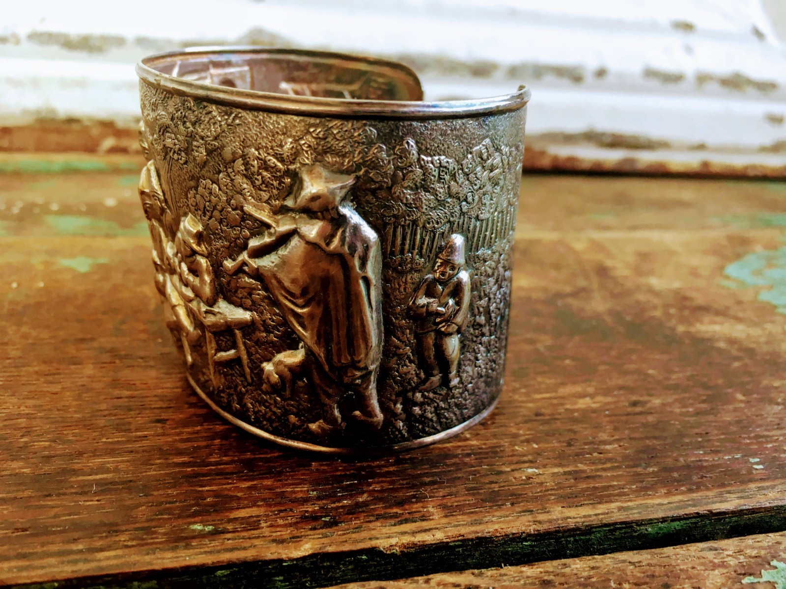 Vintage  Signed JKS DENMARK Silver Plate Storyteller Repousse CUFF BRACELET