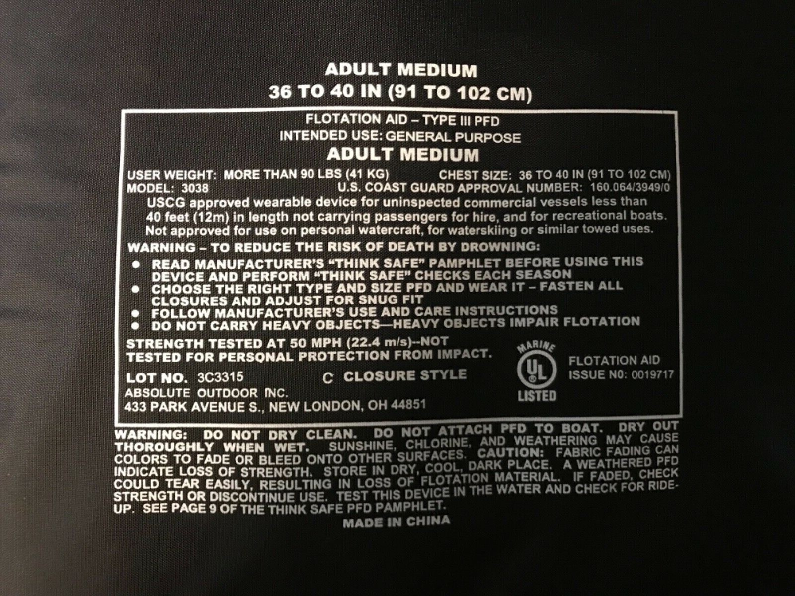 Onyx Mesh Life Jacket PFD Realtree  Adult size 3XL chest 52”- 56” Sports Vest.