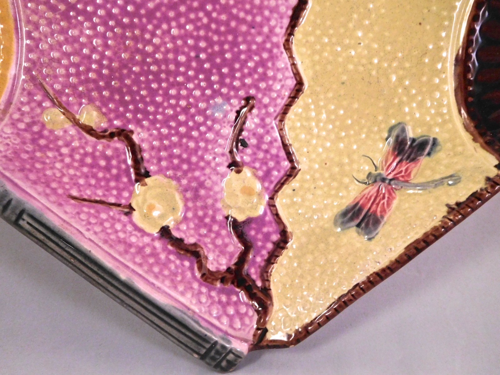 c1890 Aesthetc Style Eureka Pottery Majolica Dragonfly, Bird & Fan Bread Tray