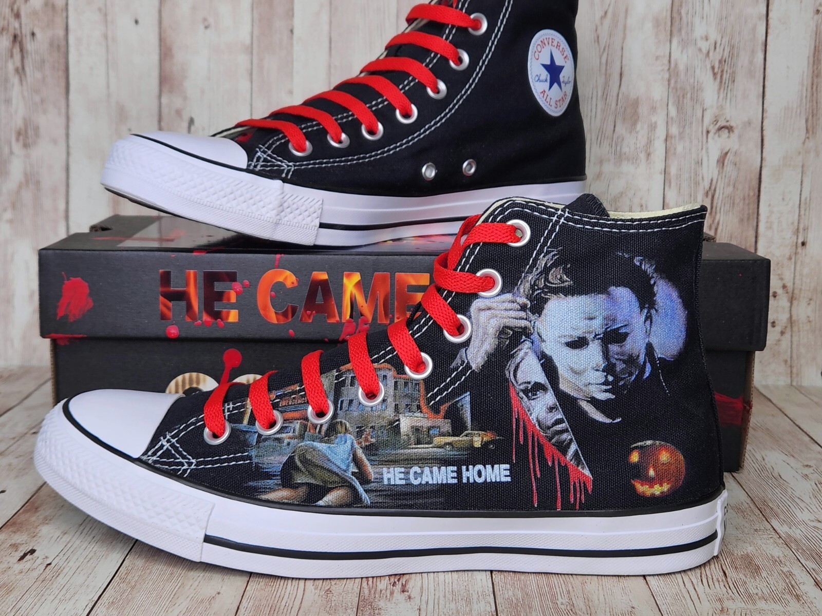 Pre-owned Converse Halloween Custom Horror High Top  Sneakers Scary Movie Shoes In Black