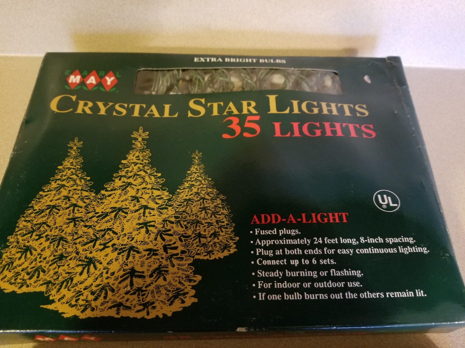 2 RARE NIB Crystal Star Christmas Lights, 2 Strings of Green Lights, NEW IN BOX