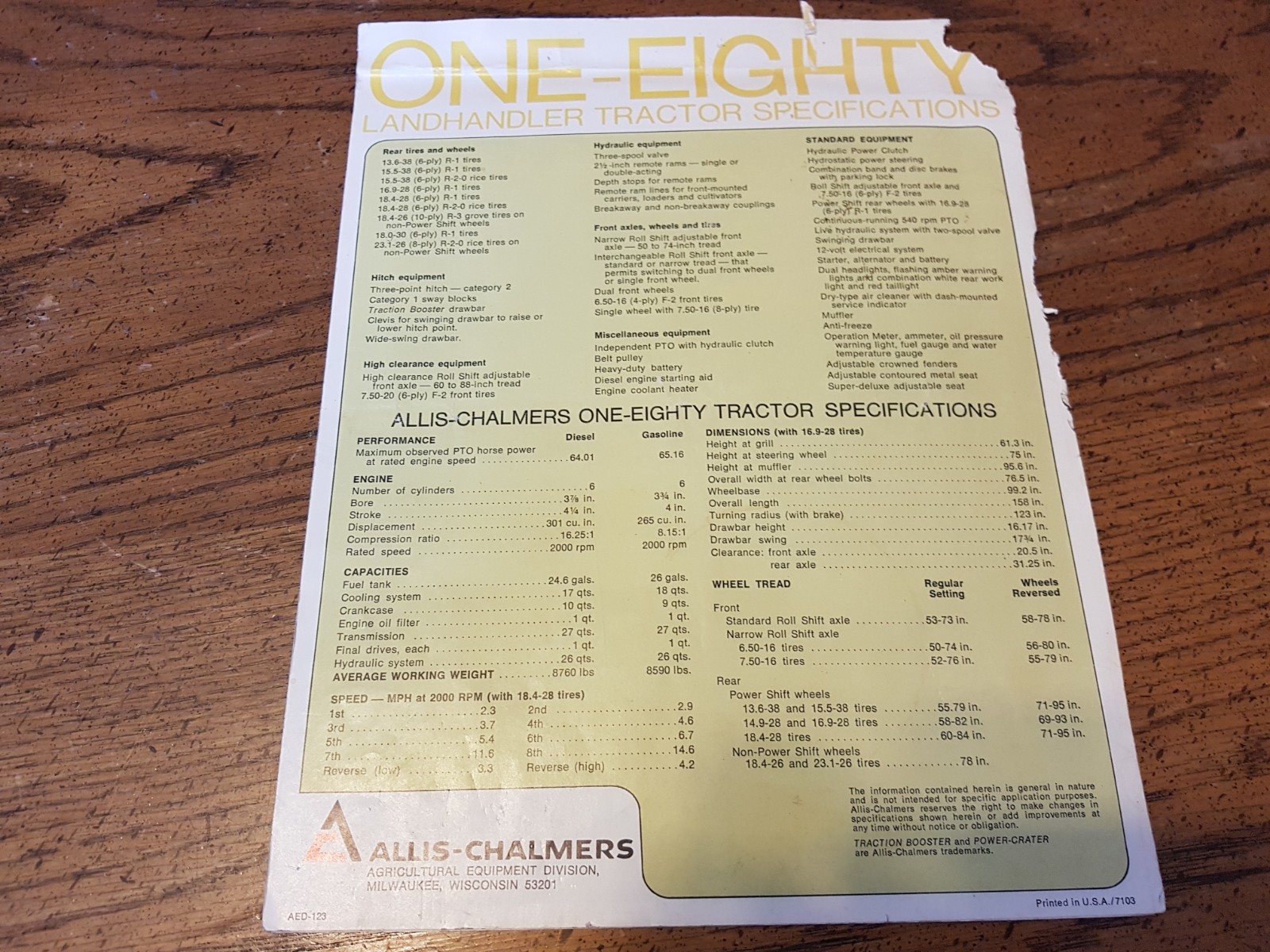 Vintage Original Allis Chalmers 180 One Eighty Landhandler Tractor Brochure