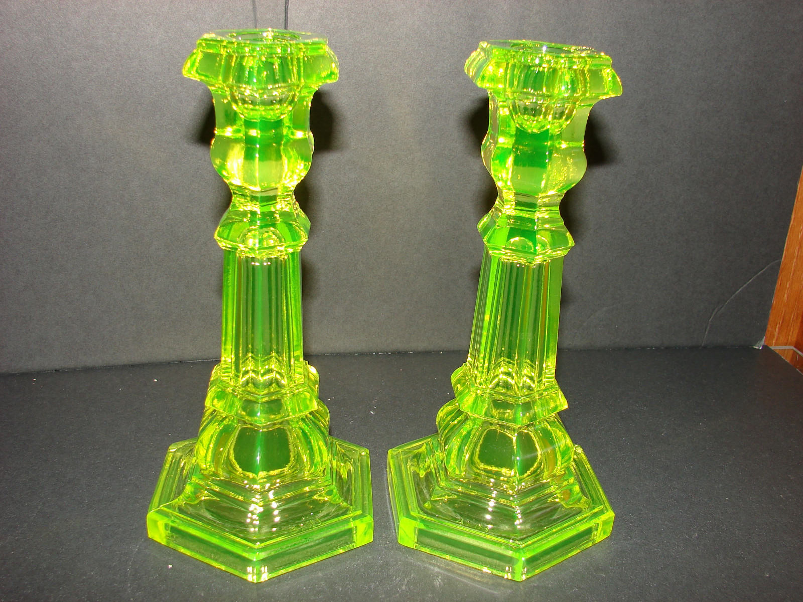 vaseline uranium sandwich glass candlestick holders by imperial marked m.m.a.