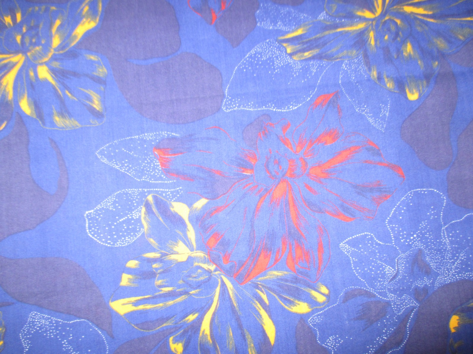 Vintage BLUE FLOWERS SPLASH w/YELLOW RED On BLUE 1970's COTTON Fabric-over 2 yd