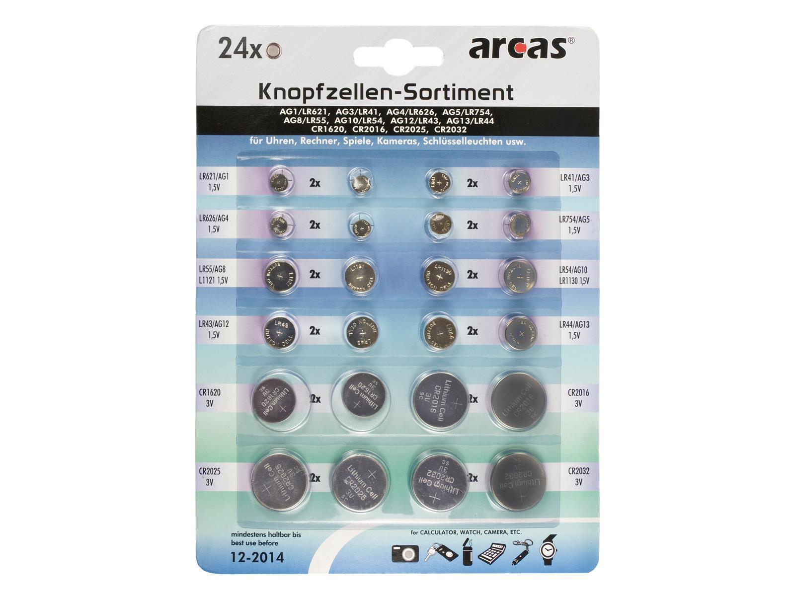Arcas Knopfzellen Sortiment Alkaline und Lithium 24-teilig Uhren