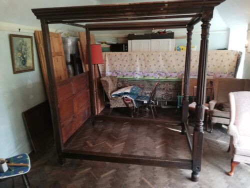 Buy Antique Regency Style Four Poster Double Bed Frame, Solid Requires Restoration.