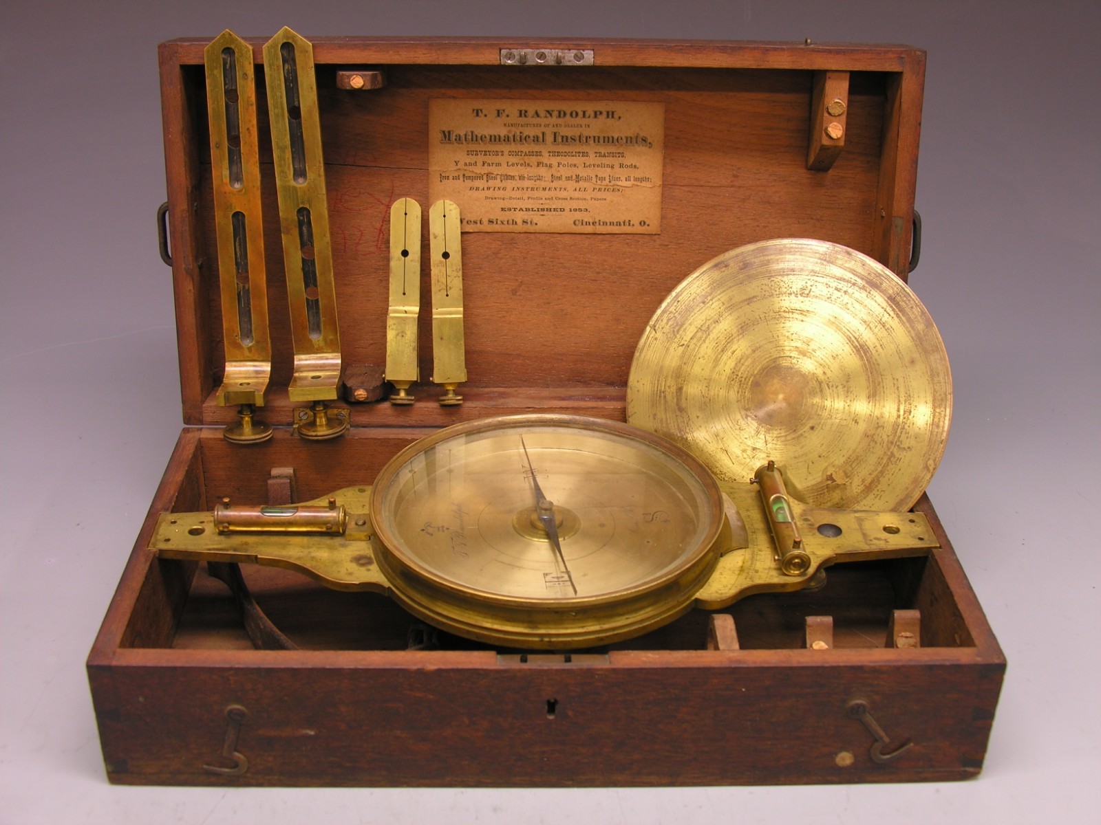 ~  Unusual 19th c AMERICAN, 4-vane Surveying Vernier Compass, Cincinnati Cased ~