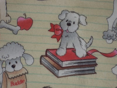 1 yd cotton flannel fabric dog & school books on yellow