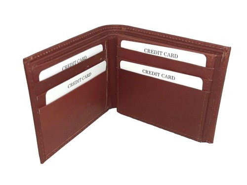 Mens Bi-fold Burgundy Genuine Cow Leather Double Bills Compartment Wallet