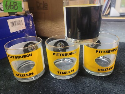 4pc set Vintage Pittsburgh Steelers Houze Art Tumbler Rocks Glass clear