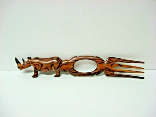 RHINO wooden carved fork paperweight 11.5 inches 