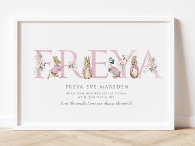 Nursery Print, Personalised Peter Rabbit Wall Art, Pink Girls Baby Gift A4