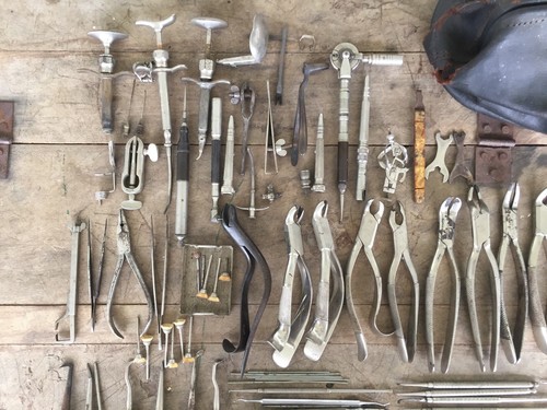 Antique Dental Instruments Tools Lot Rope Handle Bag