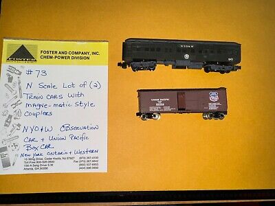 N SCALE LOT OF (2)  TRAIN CARS WITH MAGNE-MATIC STYLE COUPLERS OBSERVATION + #73