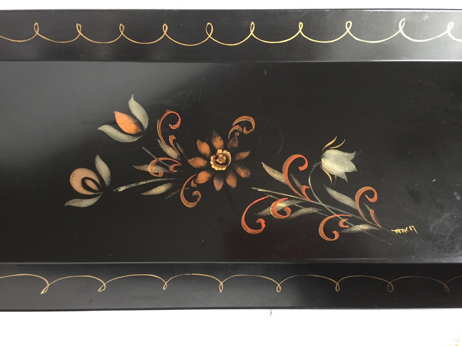 Vintage Floral Black Tole Tray w/ Handles_Hand Painted_Rectangle_Country Rustic