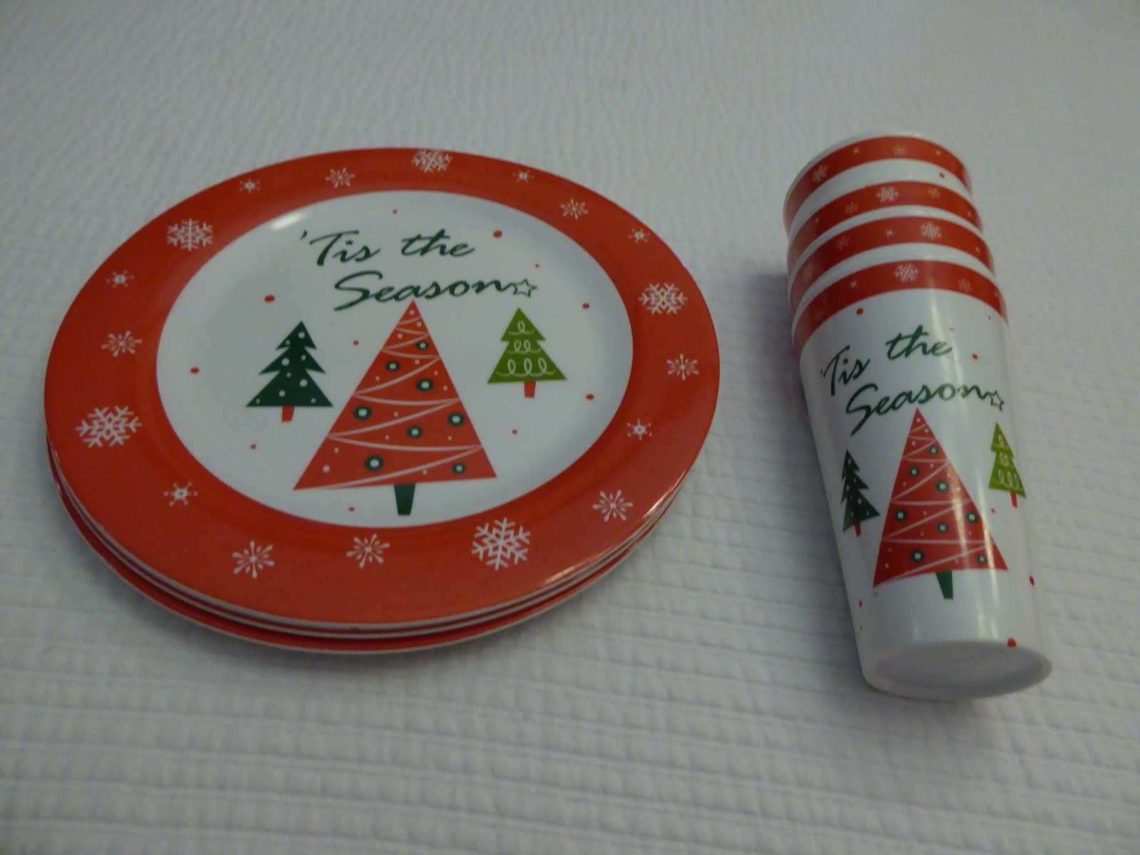 Lot of 4 Each Melamine Wares Holiday Christmas Plates & Glasses