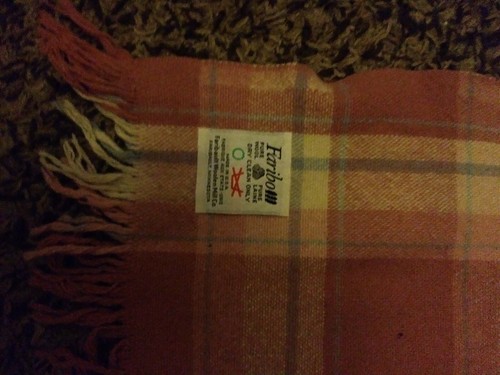 Faribo Wool Plaid pink gray White Fringe Stadium-Tartan Camp Blanket 48x46