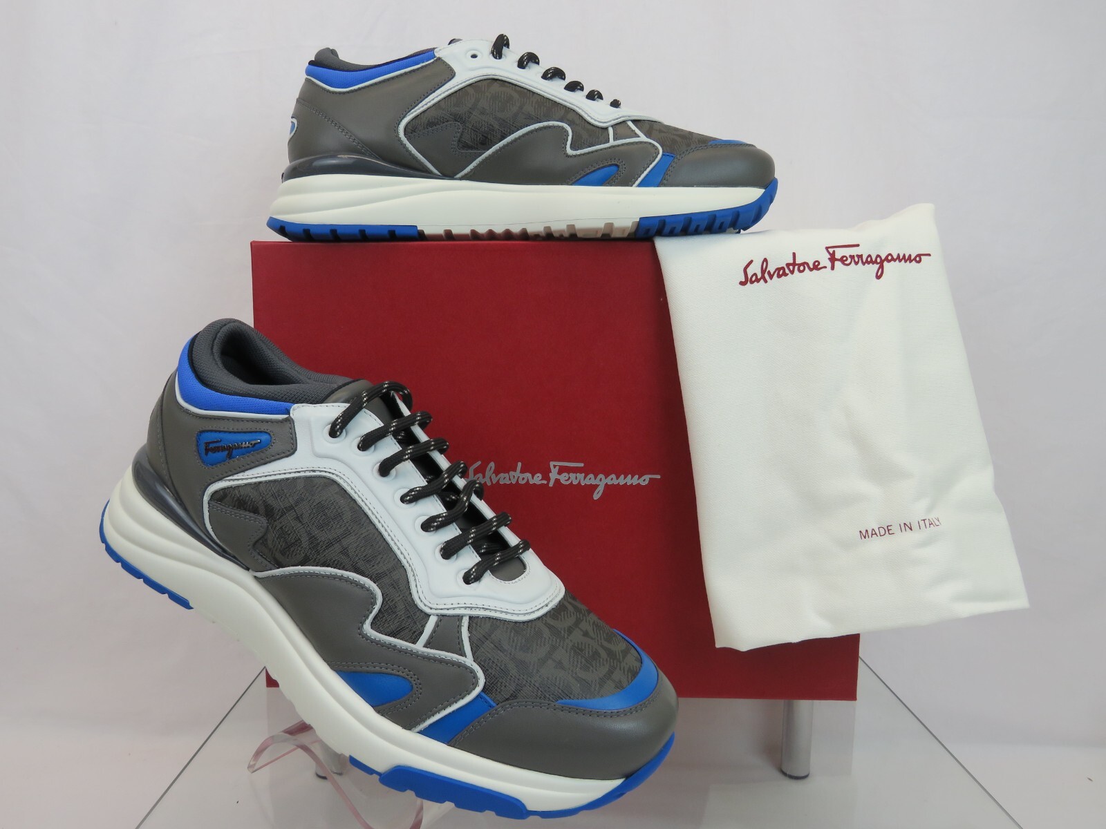 FERRAGAMO $795 FERRAGAMO THUNDERNOW GRAY BLUE WHITE LEATHER GANCINI SNEAKERS 9 ITALY
