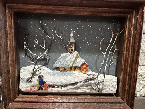 Vintage 3D Winter Scene Diorama Art Set Of 2 Framed Art  6” X 5”