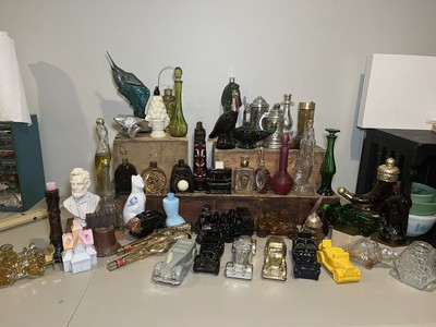 LOT OF 50 DECORATIVE VINTAGE EMPTY, Full AVON BOTTLES, circa 1950-1970's