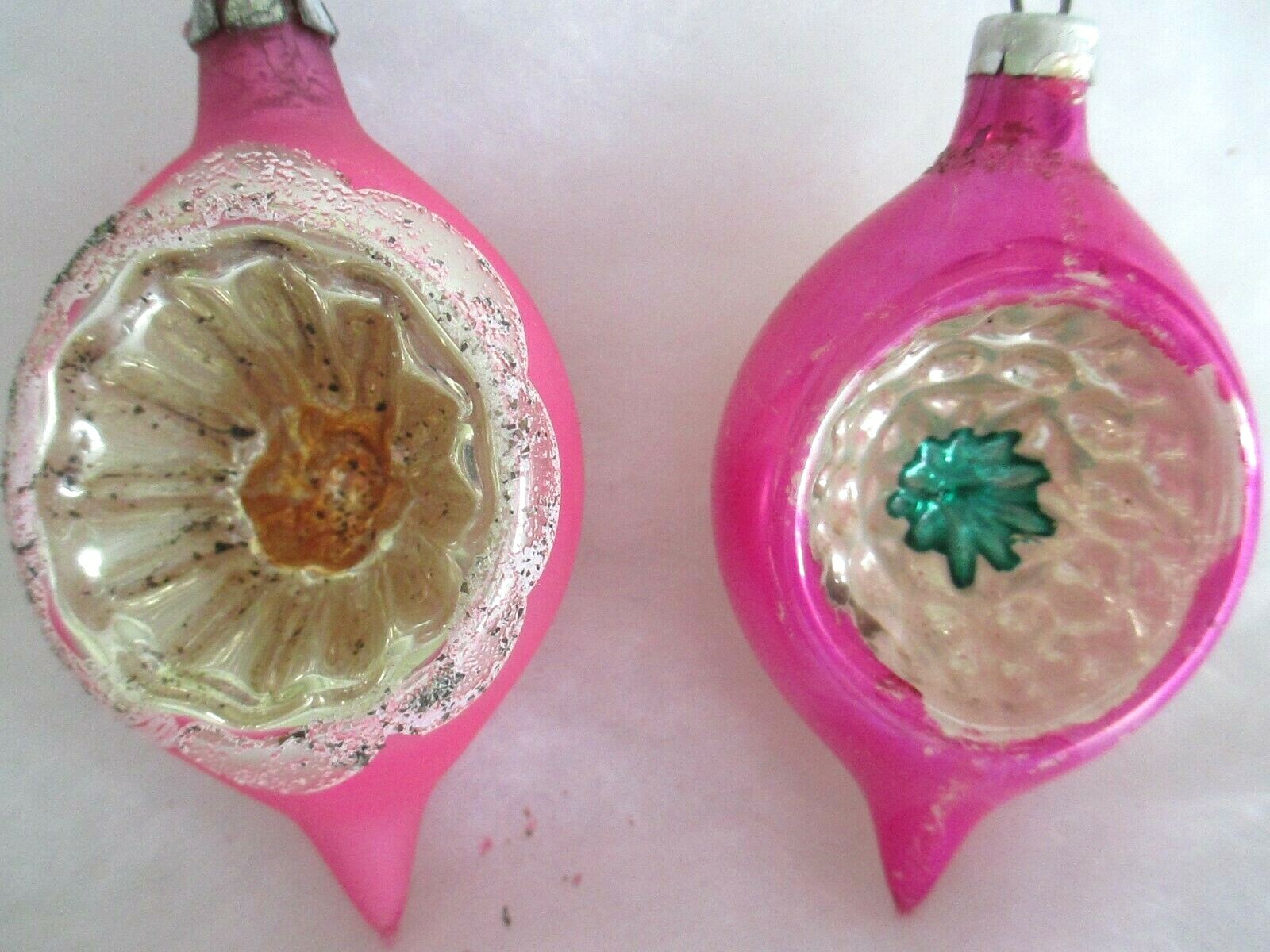 2 VTG XMAS TEARDROP ORNAMENTS--POLAND/W.GERM--MICA/STENCIL--DEEP INDENTS