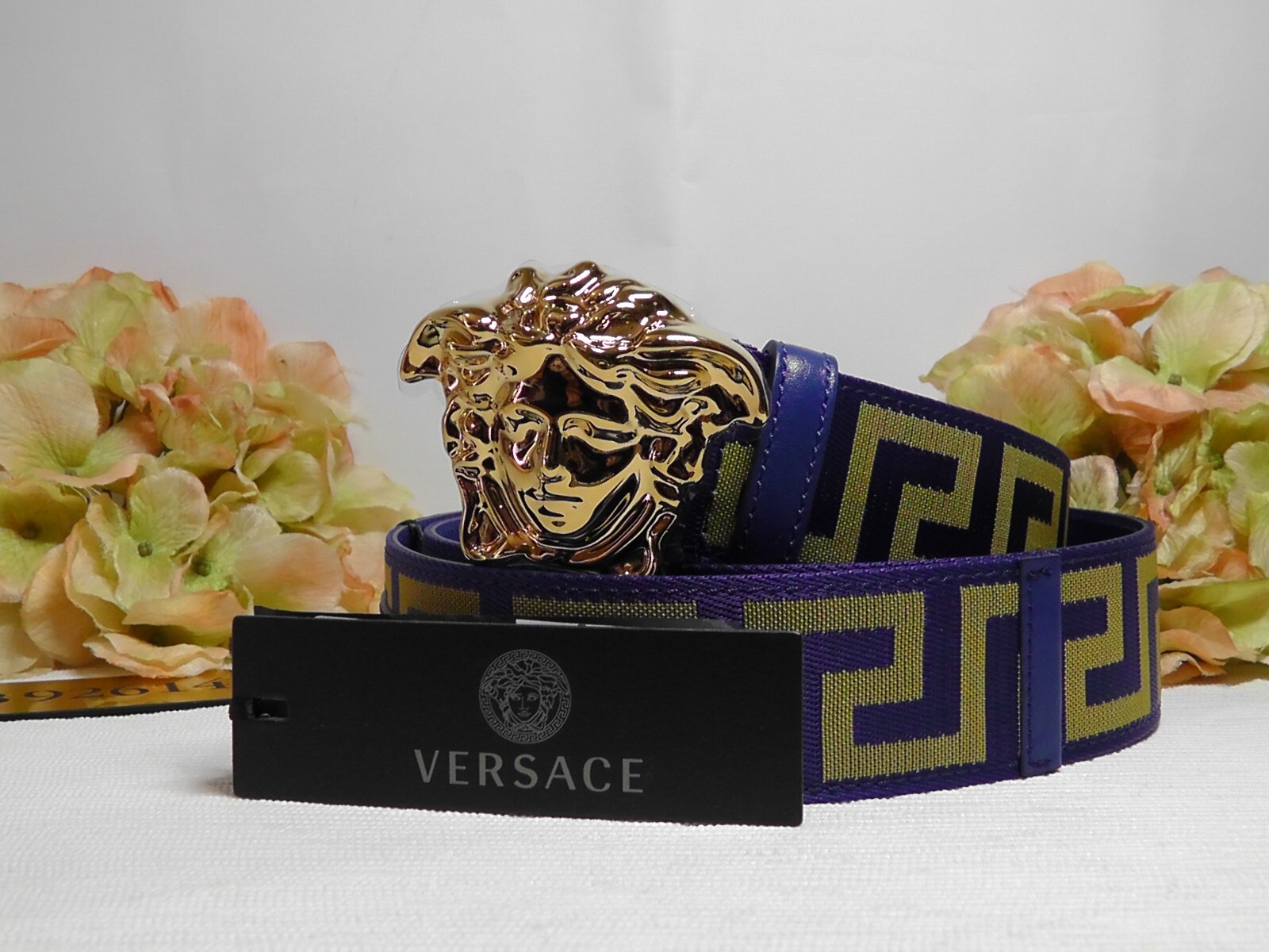 Pre-owned Versace Men's La Medusa Blue / Gold Web Belt Size 95cm Or 37 Inches$495nwt