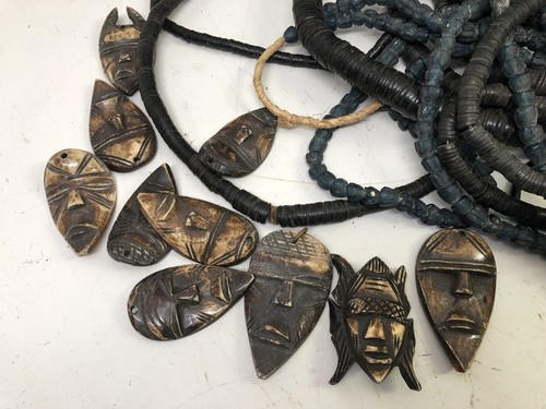 Large Lot Vintage African Tribal Trade Beads Necklaces Wooden Mask Pendants