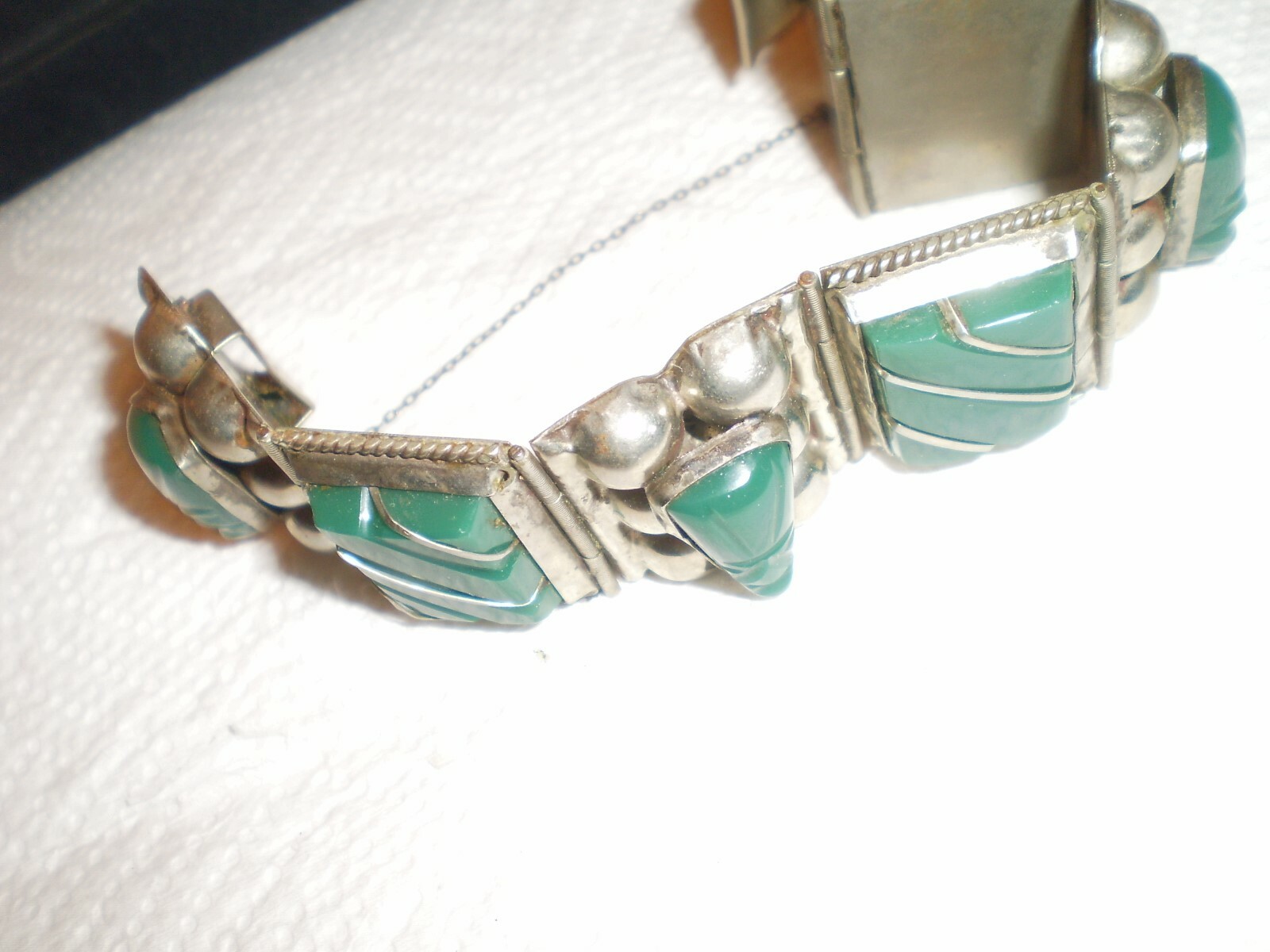 Green Agate Mayan Aztec Tribal Mask 925 Sterling Silver segments chunky nice