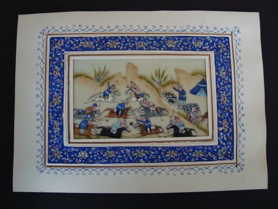 Exquisitely Painted Miniature Persian Polo Game Painting on Thin Panel