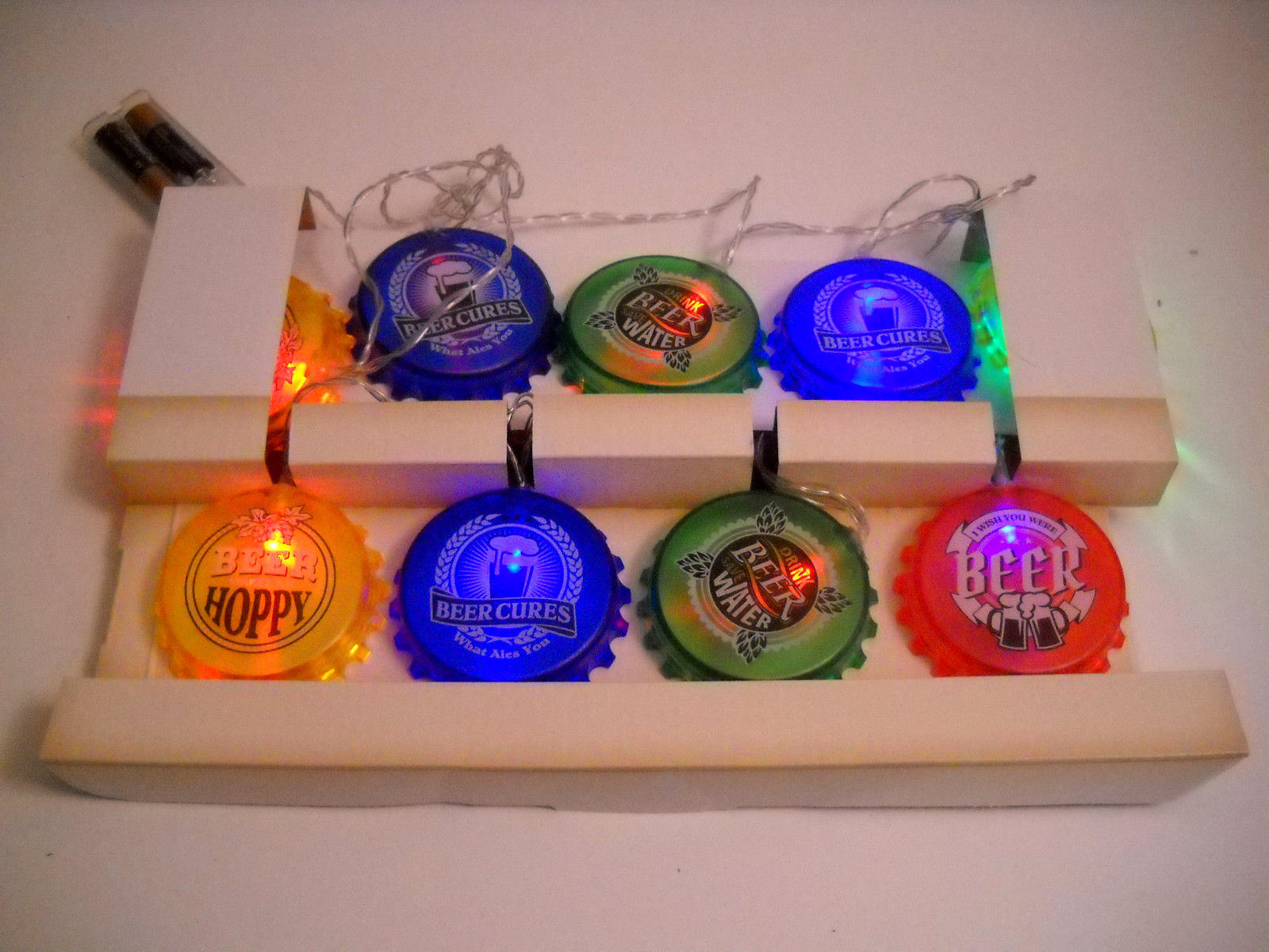 Vintage Outdoor Party Hanging String Light HAPPIE HOUR Beer Bottle caps MIB