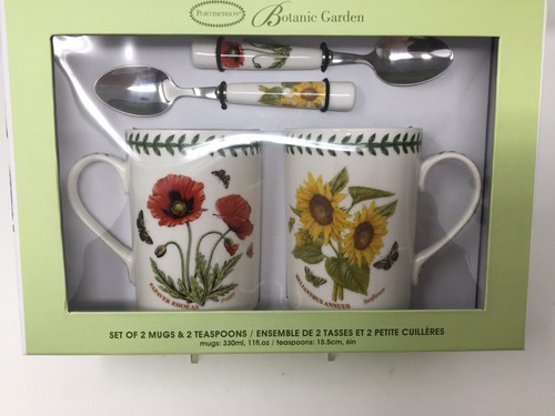 Sunflower &Poppy  BOTANIC GARDEN SET OF 2 MUGS W/ Spoons SET PORTMERION NEW