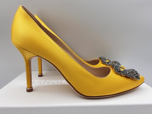 Pre-owned Manolo Blahnik Hangisi 90 Yellow Satin Jewel Buckle Pumps Heels Eu 37 Us 7 $1195
