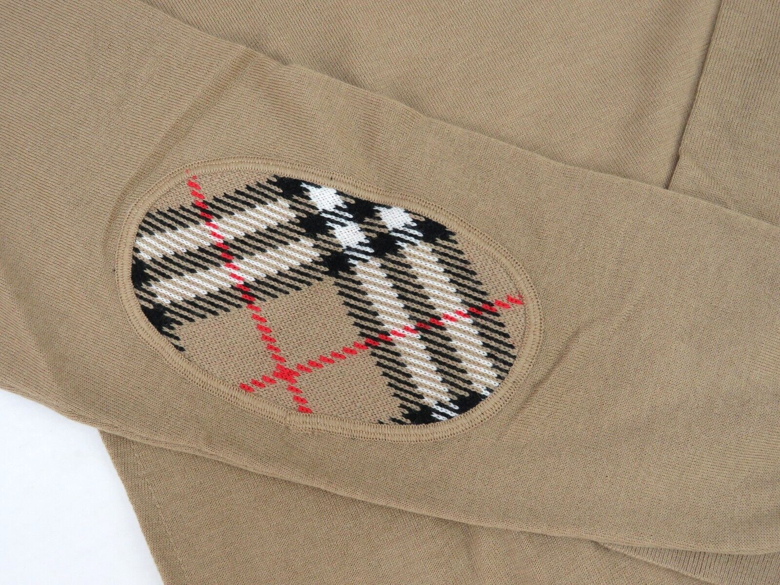 Pre-owned Burberry $830  Bempton Camel Merino Wool Elbow Check Patches Pullover Sweater S In Beige