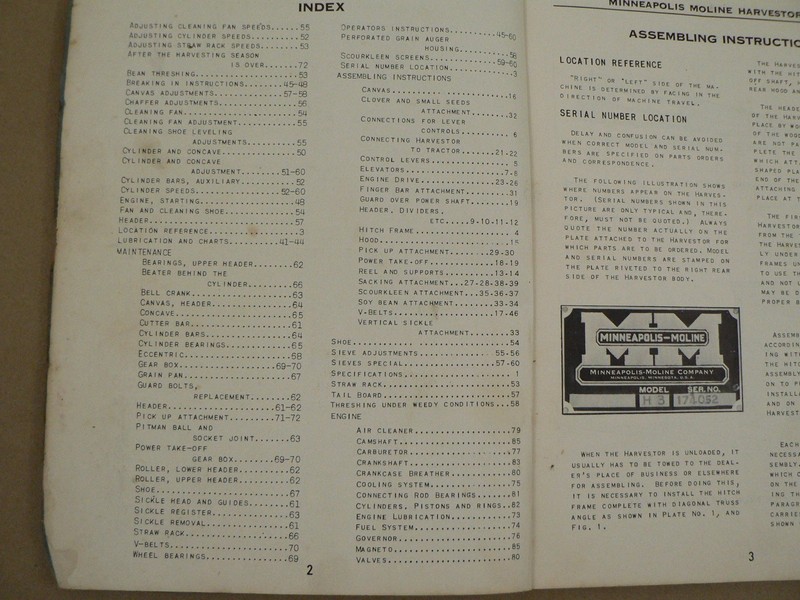 Minneapolis Moline Harvestor 69 Model H3 Owners Manual Maintenance Assembly 1949