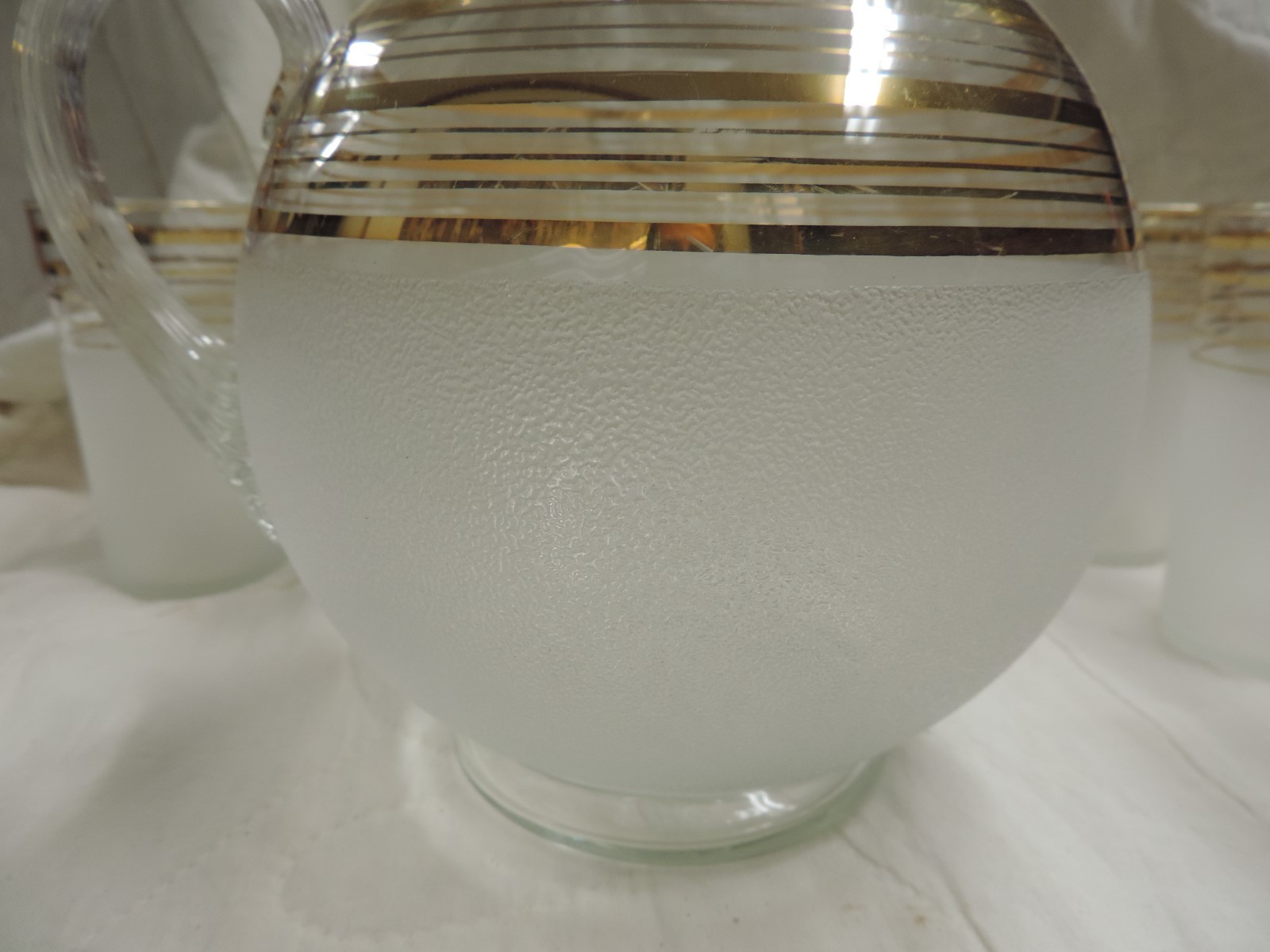 Vintage Frosted Clear Ball Pitcher Gold Accents With 10 Frosted Glasses