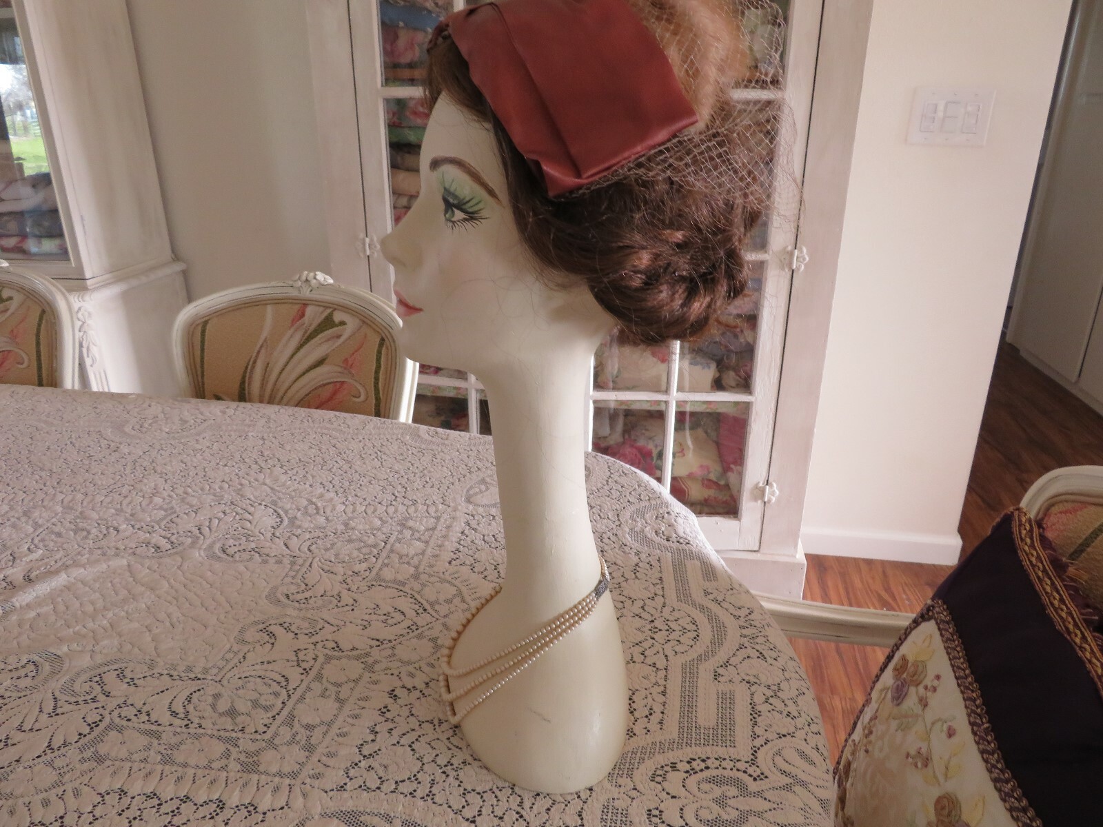Antique FRENCH Elongated Neck Hand Painted Face BEAUTIFUL GREEN EYED MANNEQUIN