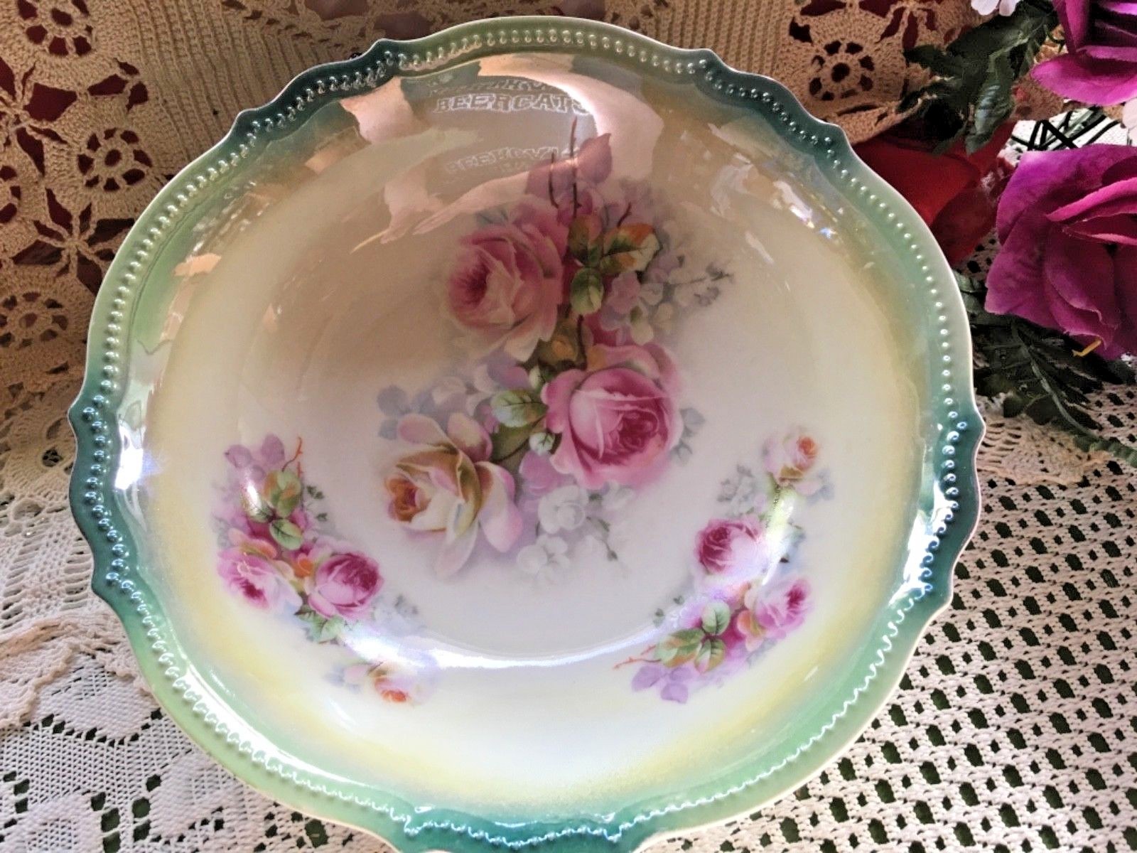 ANTIQUE EMBOSSED PORCELAIN PK SILESIA HAND PAINTED ROSES BOWL & CELERY DISH